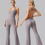 [Removable Padded Bra Workout Jumpsuits] Women Workout Fashion Flare Sleeveless Jumpsuits with Removable Padded Bra Hight Stretch Sportswear for Outdoor Activities (Black Brown Linen Dark blue)