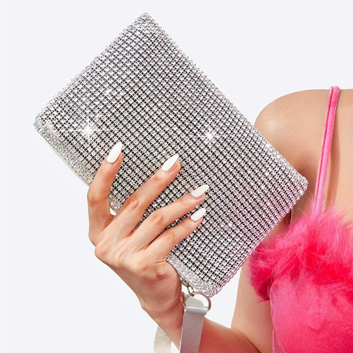 Sparkling Solid Color Plastic Wristlet Clutch Bag - Zipper Closure, Polyester Lining, Bling Rhinestone Accents for Formal Occasions, Weddings, Proms, and Carnivals - Perfect for Adding a Touch of Glamour to Your Night Out