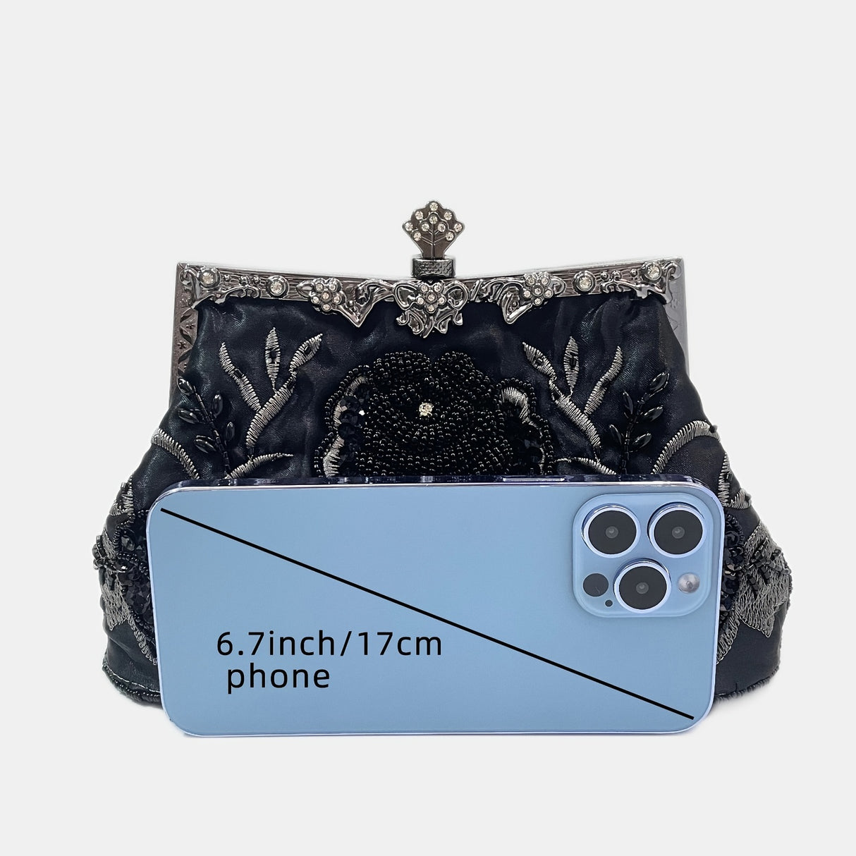 Vintage Floral Embroidered Clutch Handbag, Removable Strap, Buckle Closure, Polyester Lining, Dark Green Champagne Silvery Grey Burgundy Black Grey Golden Blue for Wedding Party