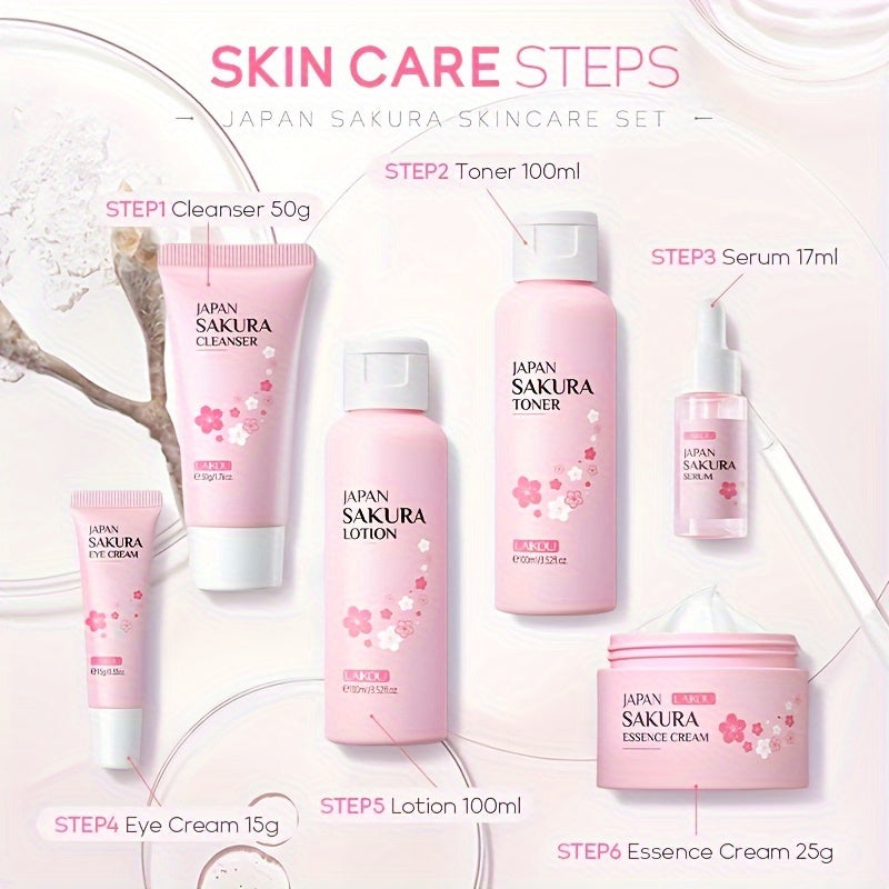 6 Pcs LAIKOU Sakura Hydrating Facial Care Set - Intensely Moisturize, Firm, and Nourish All Skin Types with Hyaluronic Acid - Perfect Gift for Holidays, Birthdays, Valentines Day, and Fathers Day