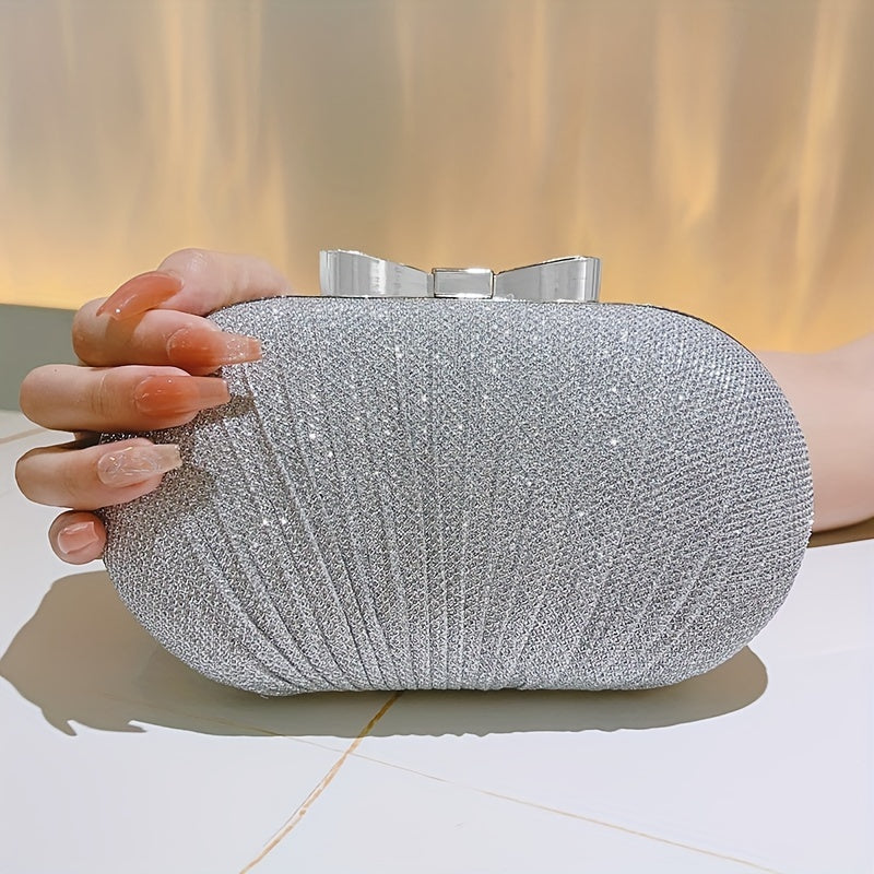Elegant Glitter Bow Knot Clutch Bag - Buckle Closure, Polyester Lining, Metal Chain Strap, Solid Color, Perfect for Party and Dinner Events - Stylish and Versatile Evening Handbag