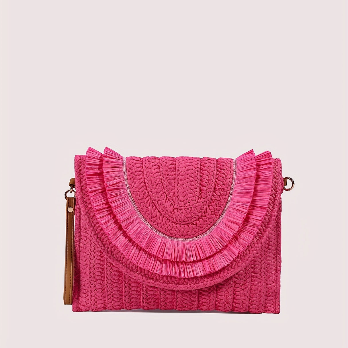 Trendy Fringe Straw Clutch Bag - Fashionable Woven Design with Secure Flap Magnet Closure - Stylishly Versatile Solid Color Purse & Wristlet