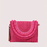 Trendy Fringe Straw Clutch Bag - Fashionable Woven Design with Secure Flap Magnet Closure - Stylishly Versatile Solid Color Purse & Wristlet
