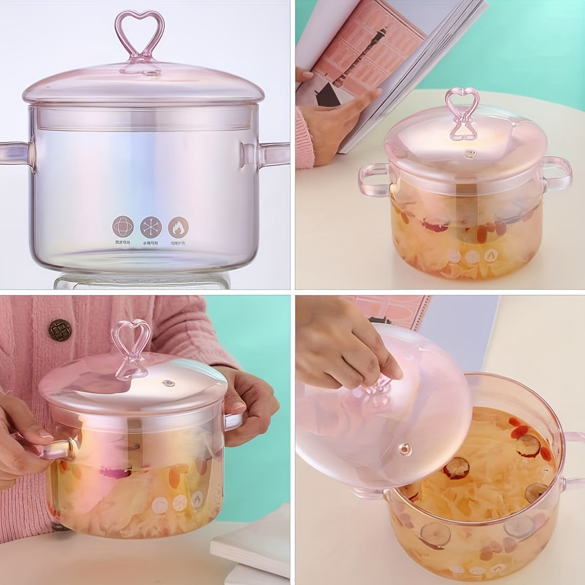 2 Pack -1500ml/50.7oz - Household Pink Double Ear Glass Pot, Double Handle Soup Health Pot, Electric Pot For Soup, Open Fire Stew Pot, Innovative Pink Glass Pot - Pink Girl Cute Cooking Pot