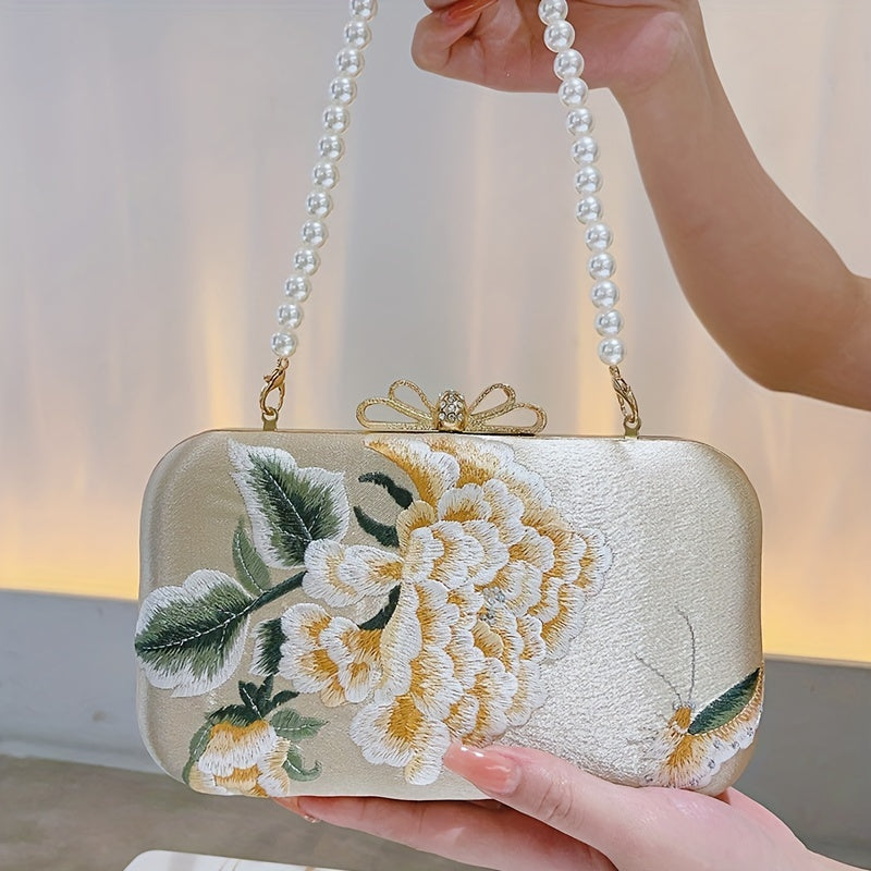 Flower Embroidery Pearl Chain Clutch Bag, Elegent Textured Metal Frame Bag, Classic Celebrity Dinner Evening Bag