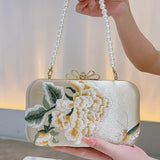 Flower Embroidery Pearl Chain Clutch Bag, Elegent Textured Metal Frame Bag, Classic Celebrity Dinner Evening Bag