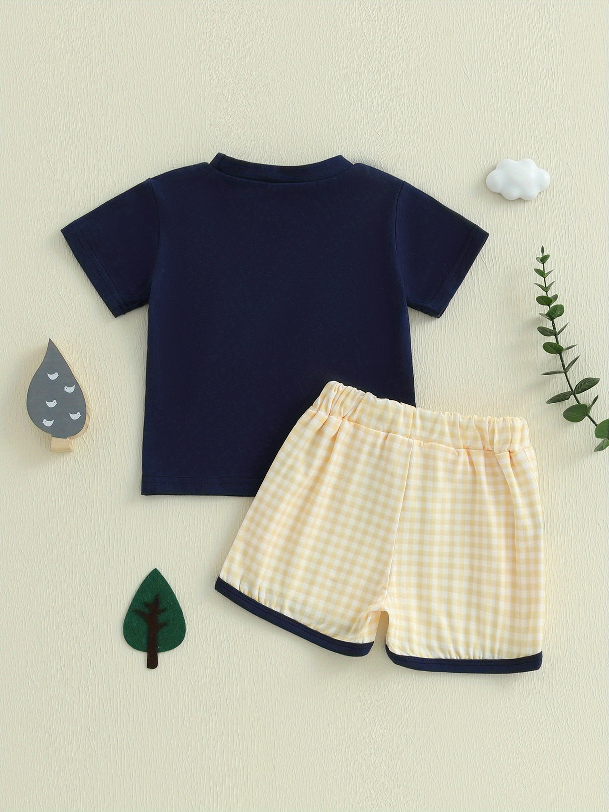 Toddler Boys Summer Outfits Letter Duck Embroidery Round Neck Short Sleeve T-Shirts Plaid Elastic Waist Shorts 2pcs Clothes Set, for Outdoor