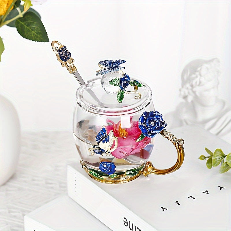1pc, Exquisite Rose Enamel Butterfly Tea Cup - Heat Resistant, Clear Glass, Painted Flower Design, Elegant Coffee Mug, Tumbler, Ideal Breakfast Drinking Glass, Perfect Gift for Tea Lovers