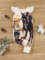 Adorable Western-Themed Baby Girl Romper - Sleeveless, Round Neck with Cute Horse Print, Perfect for Spring/Summer, Western Baby Girl Clothes, Perfect for Outdoor