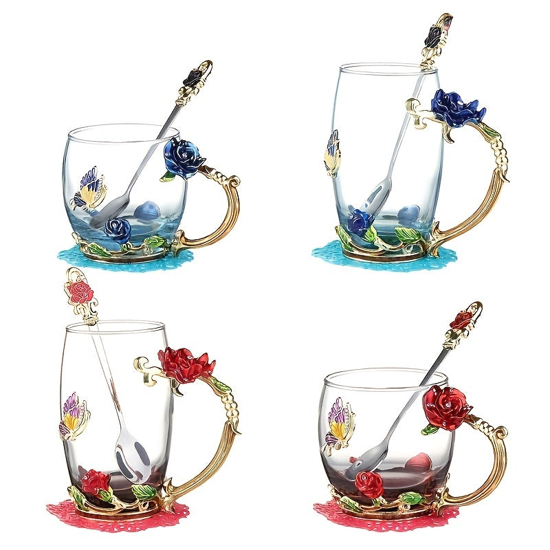 1pc Delicate Rose Enamel Butterfly Painted Clear Glass Tea Cup Coffee Mug Tumbler with Spoon Set - Lead-Free, Reusable, Hand Wash Only, Round Shape, Multipurpose, Perfect for Valentines Day Gift