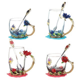 1pc Delicate Rose Enamel Butterfly Painted Clear Glass Tea Cup Coffee Mug Tumbler with Spoon Set - Lead-Free, Reusable, Hand Wash Only, Round Shape, Multipurpose, Perfect for Valentines Day Gift