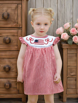 Toddler Girls Patriotic 4th of July Dress with American Flag Embroidery, Ruffled Sleeves & Bow Detail - Red Gingham A-Line Cotton Blend Beach Party Outfit for Independence Day Celebrations, Little Girls Outfit Sets