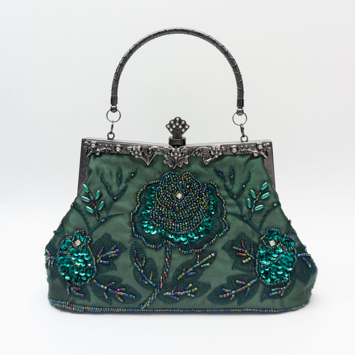 Vintage Floral Embroidered Clutch Handbag, Removable Strap, Buckle Closure, Polyester Lining, Dark Green Champagne Silvery Grey Burgundy Black Grey Golden Blue for Wedding Party