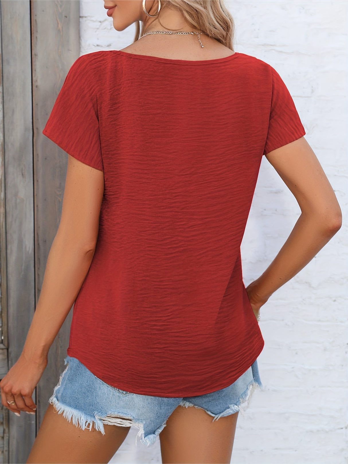 Womens Charming Solid Button Front Blouse - Casual V Neck, Short Sleeve, Perfect for Spring & Summer - Lightweight, Versatile, Ideal Everyday Style - Suitable for Multiple Occasions