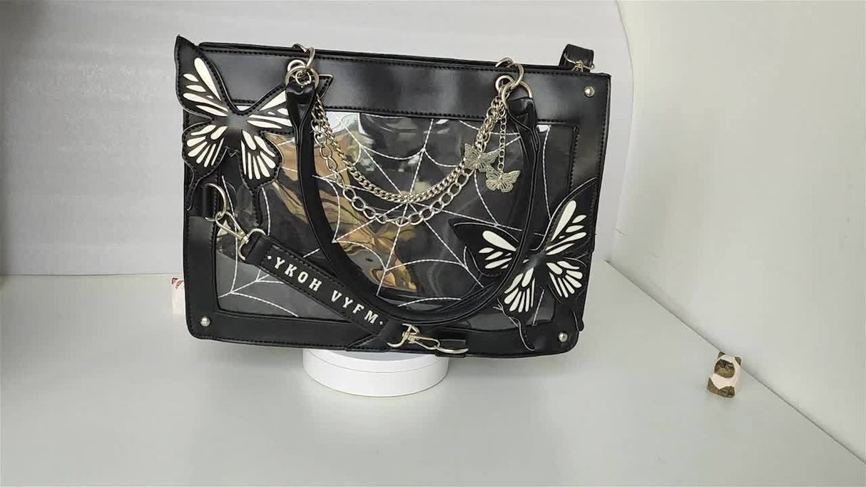 Vibrant Punk Style Spider Web Tote Bag - Trendy Goth Handbag for Women - Crossbody Bag with Y2K Butterfly Chain and Adjustable Strap