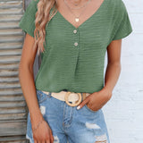 Womens Charming Solid Button Front Blouse - Casual V Neck, Short Sleeve, Perfect for Spring & Summer - Lightweight, Versatile, Ideal Everyday Style - Suitable for Multiple Occasions