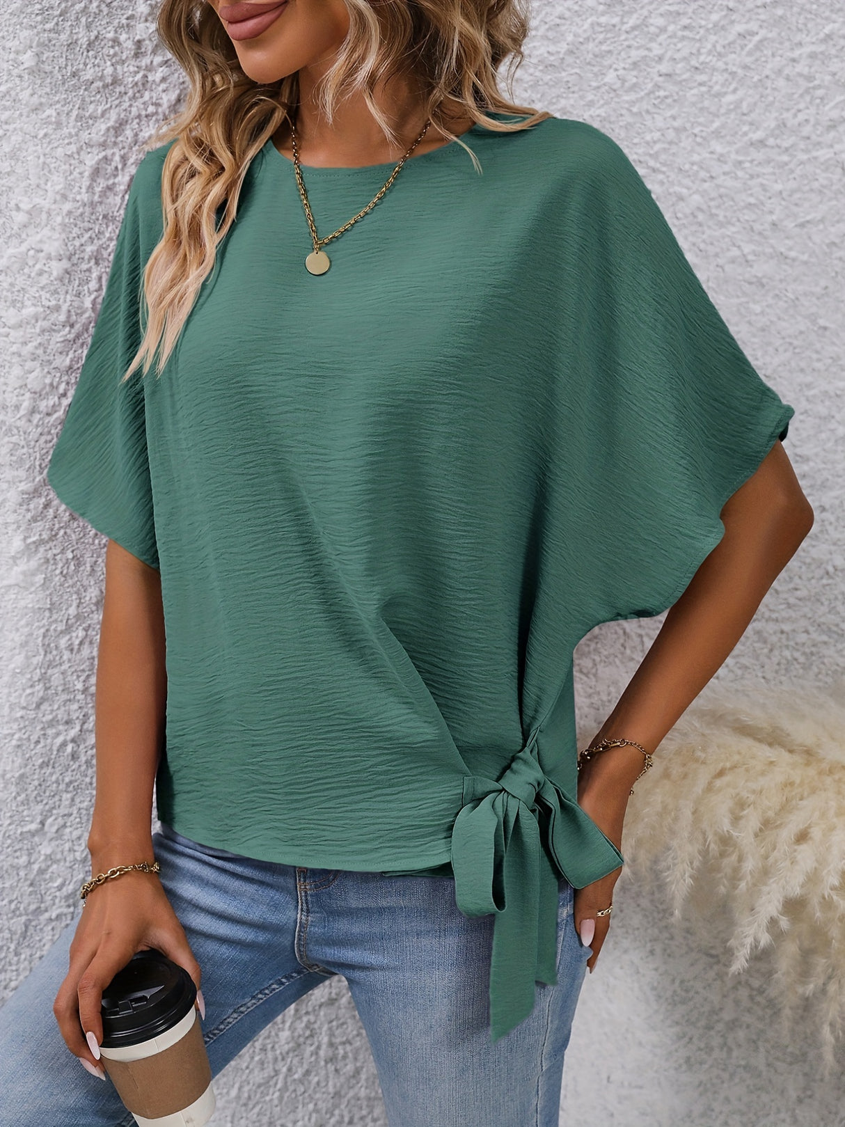Solid Knotted Blouse, Casual Crew Neck Asymmetrical Blouse, Women's Clothing