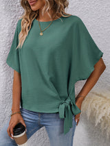 Solid Knotted Blouse, Casual Crew Neck Asymmetrical Blouse, Women's Clothing