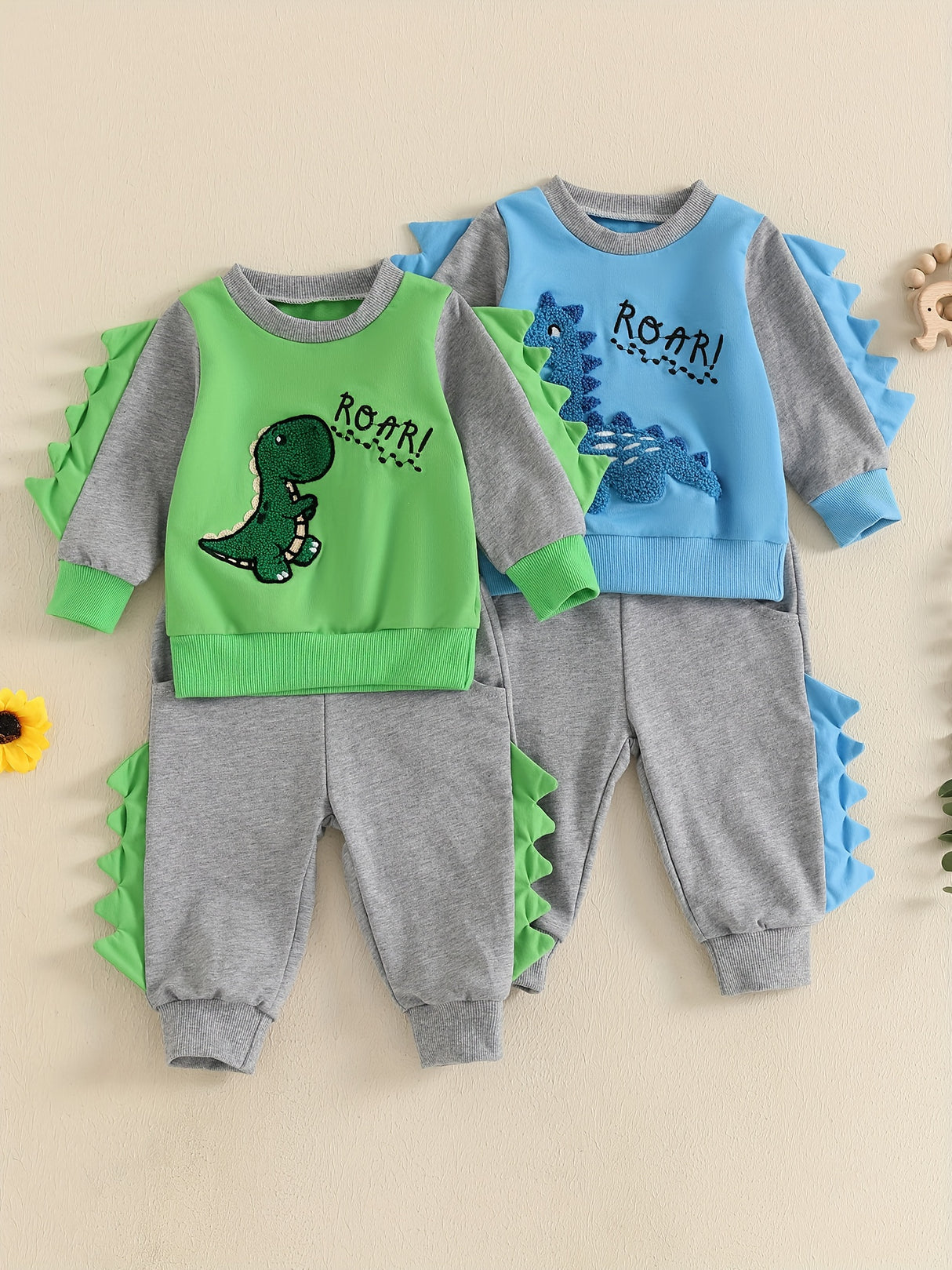 Toddler Boys Fall Outfits Dinosaur Letter Embroidery Long Sleeve Sweatshirts and Long Pants 2Pcs Clothes Set