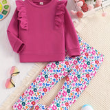 Girls 2pc, Flutter Trim Long Sleeve Pullover + Flora Pants Kids Clothes For Spring Fall
