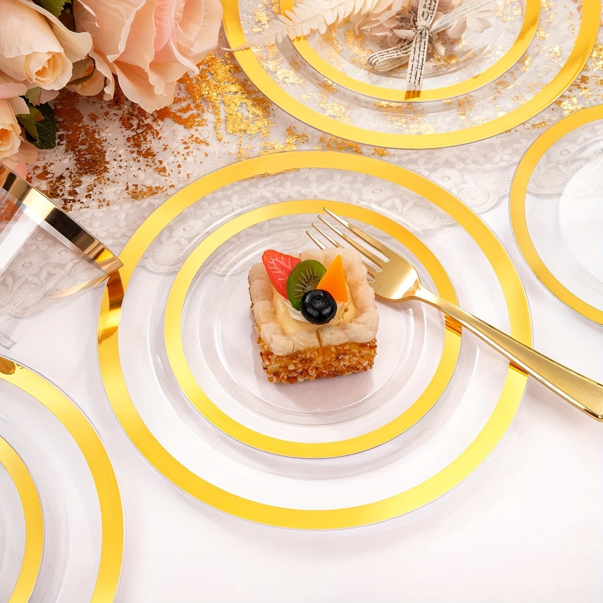 350PCS Clear Gold Plastic Plates Clear Plates with Gold Rim for 50Guests Dinnerware Include 100 Gold Clear Plates disposable 150 Gold Silverware 50Napkins for Party&Wedding&Easter