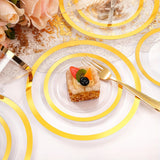 350PCS Clear Gold Plastic Plates Clear Plates with Gold Rim for 50Guests Dinnerware Include 100 Gold Clear Plates disposable 150 Gold Silverware 50Napkins for Party&Wedding&Easter