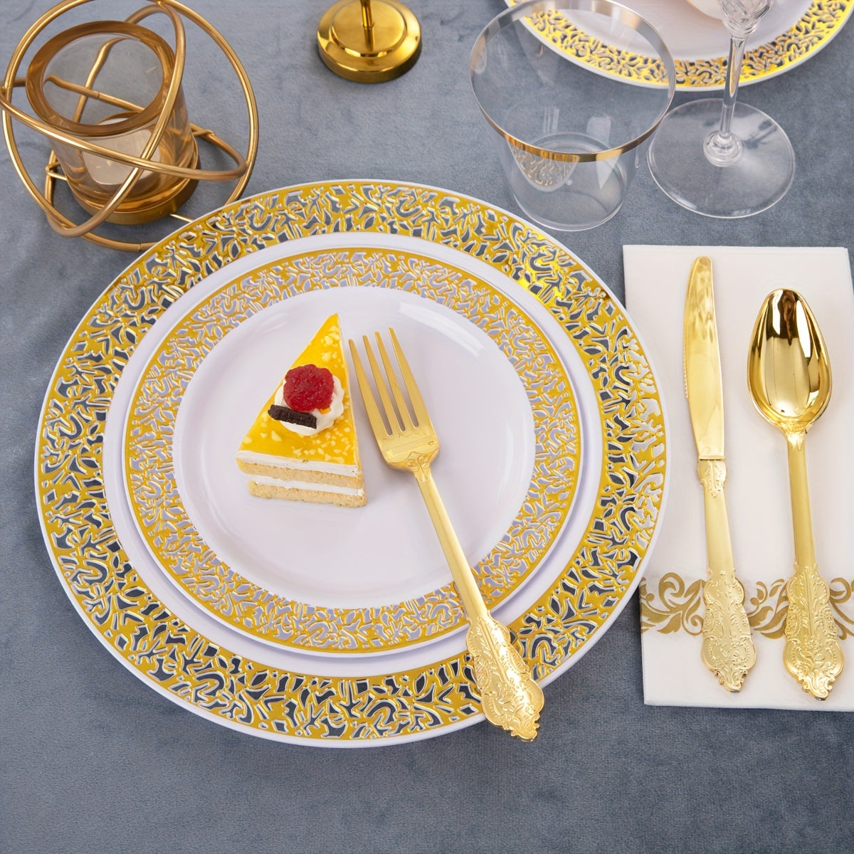 350 Piece Disposable Plastic Dinnerware Set, Golden Lace Design, 50 Dinner Plates, 50 Dessert Plates, 50 Golden Silverware, 50 Golden Cups, 50 Napkins for Thanksgiving Party