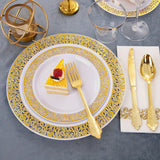 350 Piece Disposable Plastic Dinnerware Set, Golden Lace Design, 50 Dinner Plates, 50 Dessert Plates, 50 Golden Silverware, 50 Golden Cups, 50 Napkins for Thanksgiving Party