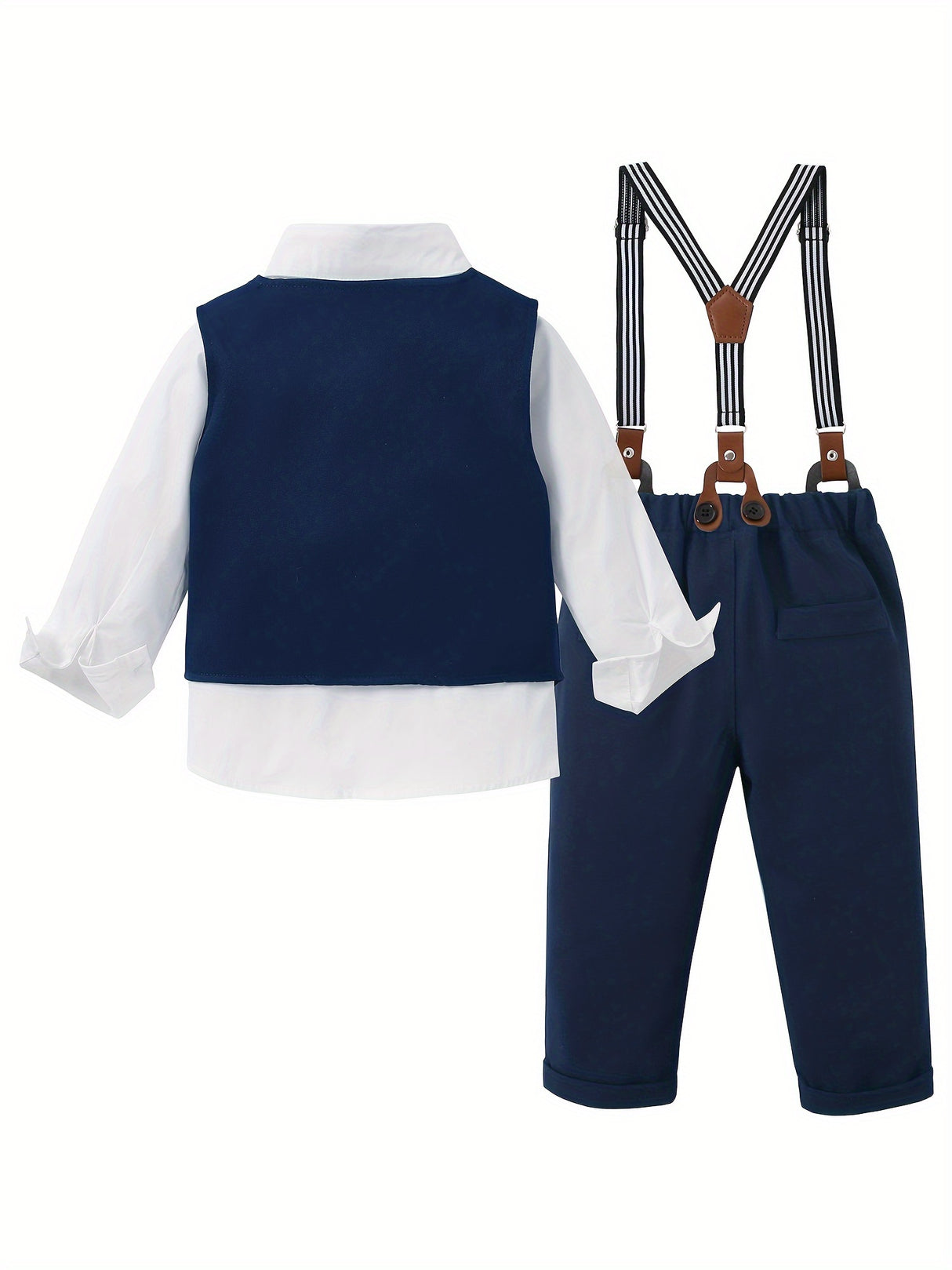 4pcs Toddler Boys Gentleman Outfit Set - Cotton Blend Long Sleeve Shirt, Bowtie, Vest, Suspender Pants with Floral Pattern for Wedding Party - All-Season Regular Fit, Woven Fabric, Single Breasted Lapel Collar, 5.0% Spandex,