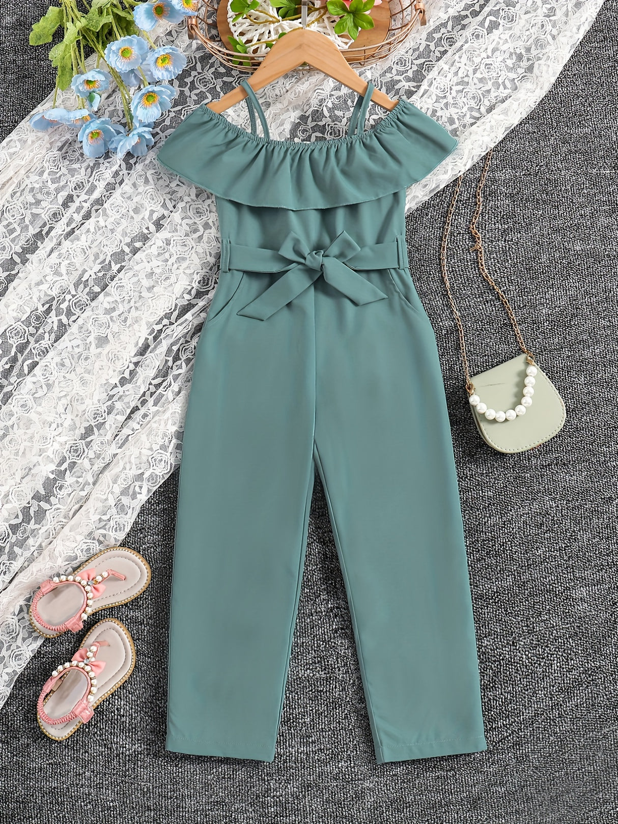 Girls Ruffle Cami Romper Belt Off Shoulder Elegant Summer Spring Autumn Kids Clothes