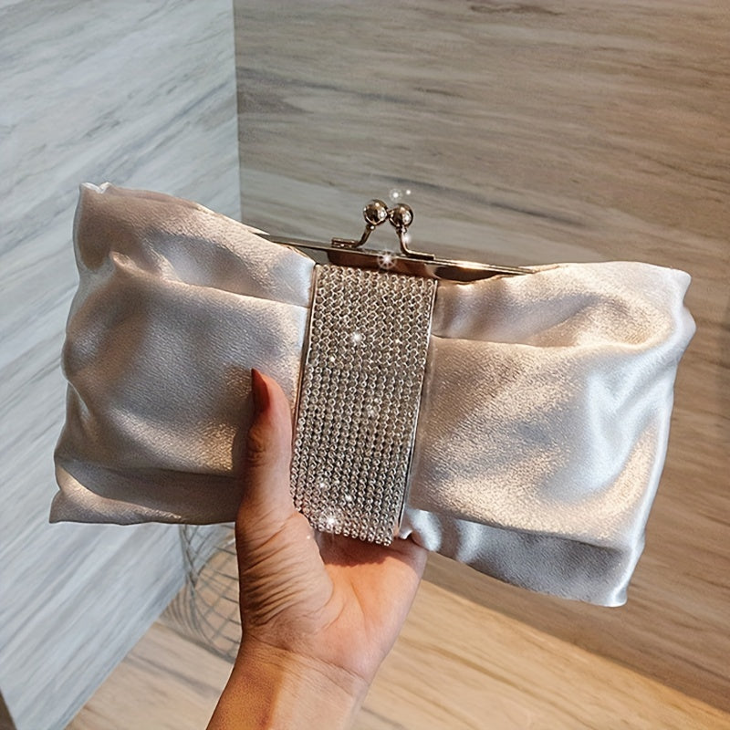 Rhinestone Decor Fashion Clutch Bag, Kiss-Lock Metal Chain Portable Handbag, Women's Purses & Evening Bags