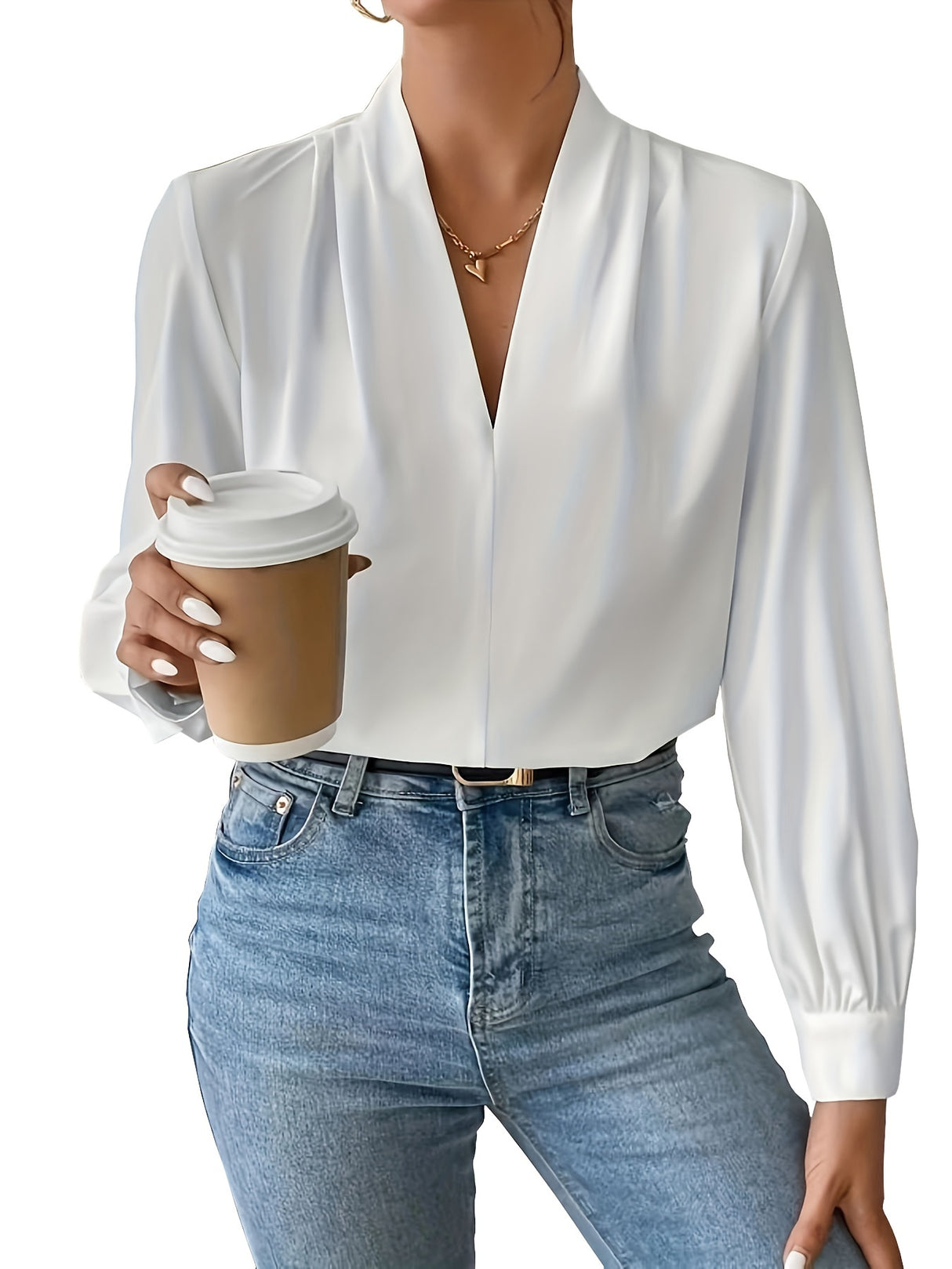 Chic Solid V-Neck Pleated Blouse - Stylish Workwear for Women - Fashionable Long Sleeve, Professional & Elegant - A Must-Have Office Wardrobe Staple