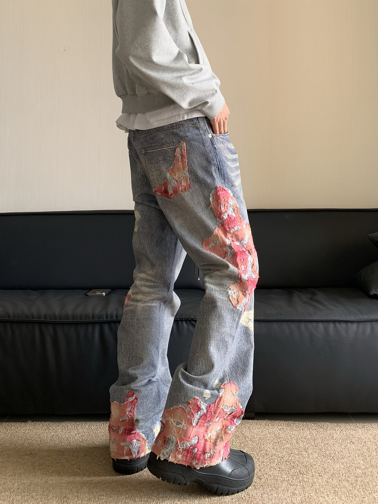 High Street Hip-hop Flared Jeans For Men And Women Summer Street Design LaceSplicing Mopping Pants