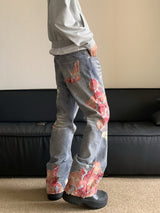 High Street Hip-hop Flared Jeans For Men And Women Summer Street Design LaceSplicing Mopping Pants