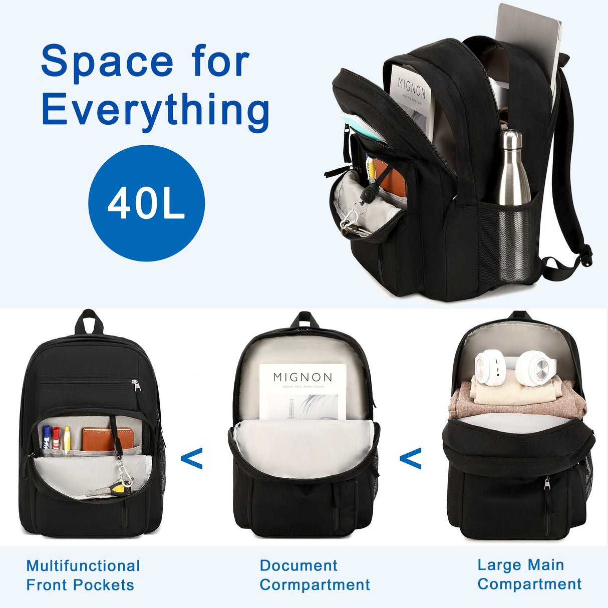 Laptop Backpack 17 inch for Women Men Large College Bookbags Waterpoof Work Business Travel Backpacks Kids School Bag for Girls Boys Students Teens Elementary Schoolbag Casual Daypack Sport -Black