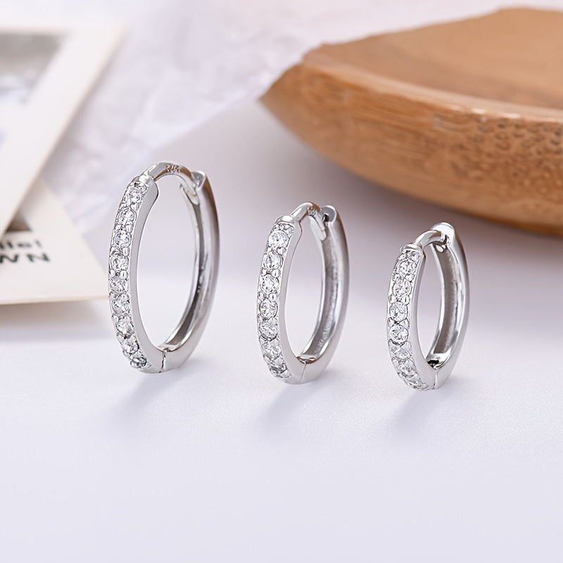 Sterling Silver White Gold Plated Hoop Earrings with Needle Drill Design, Nickel-Free