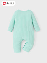 PatPat Baby Girl Cute All Over Rabbit Print/Solid Ribbed V Neck Short-sleeve Jumpsuit For Summer Outdoor Wear