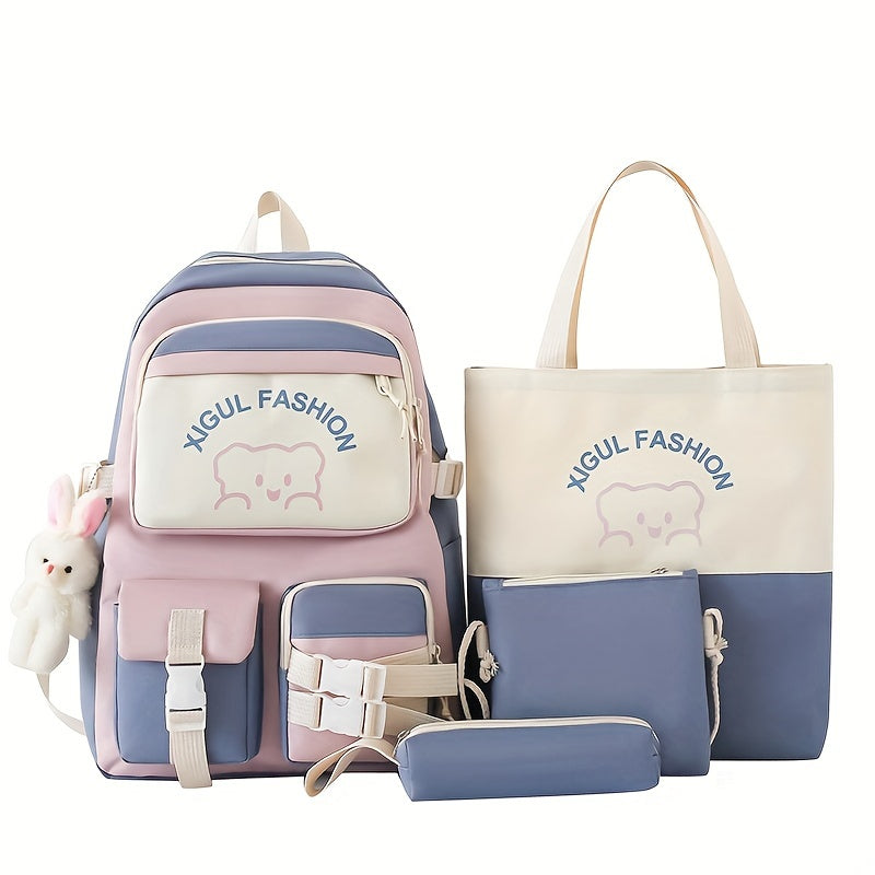 New casual backpack women's four-piece backpack backpack Korean version contrasting simple and versatile canvas school bag