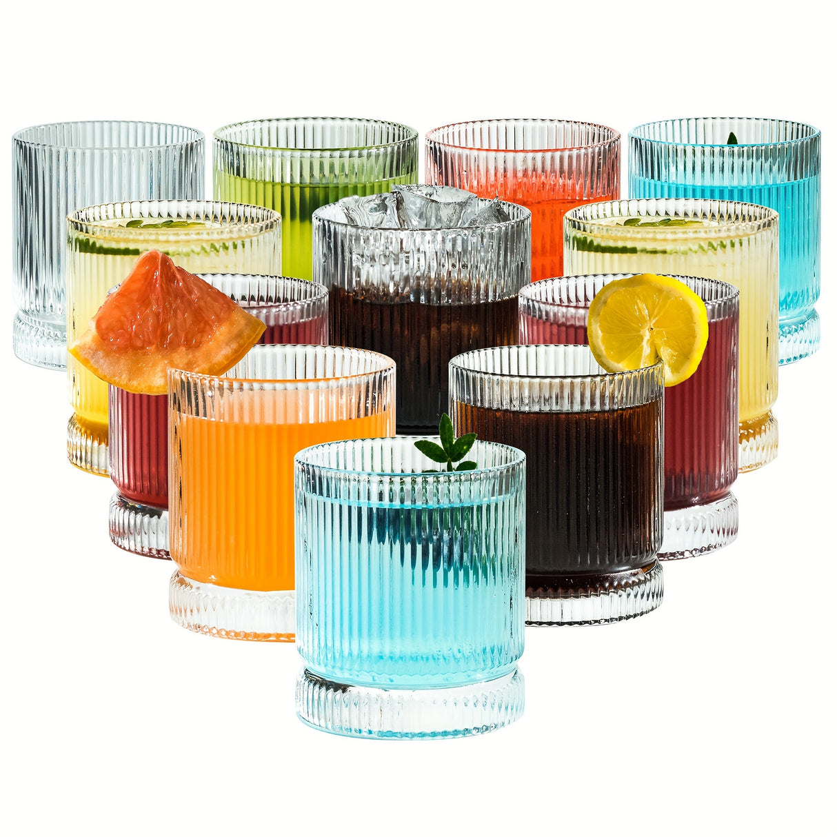 12Pcs, Ribbed Glasses, Drinking Glass Set, Vintage Glassware for Kitchen, Old Fashioned Whiskey Tumblers, Perfect for Juice, Cocktails, and Beverages