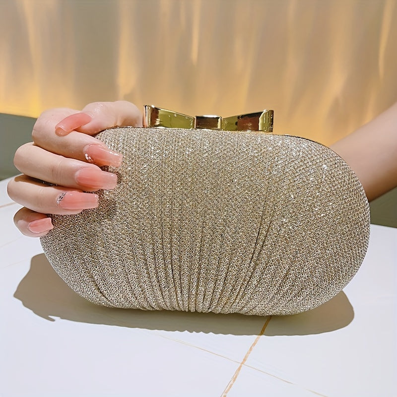 Elegant Glitter Bow Knot Clutch Bag - Buckle Closure, Polyester Lining, Metal Chain Strap, Solid Color, Perfect for Party and Dinner Events - Stylish and Versatile Evening Handbag