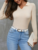 High-Elasticity Solid Lapel Collar Pullover Sweater - Soft, Cozy, and Versatile Casual Long Sleeve Crop Top for Women - Perfect for Spring, Fall, and All Seasons