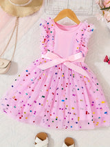 Vibrant Colorful Dot Pattern Flutter Sleeve Crew Neck Mesh Dress - Flowy Sleeves, Breathable Fabric, Matching Belt - Perfect Summer Gift for Little Girls and Princesses, Girls Clothing Collection