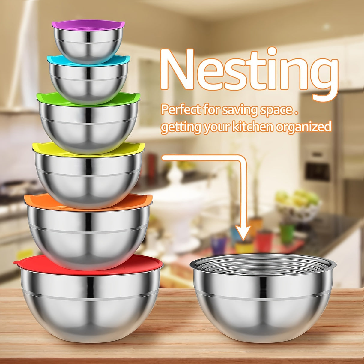 Mixing Bowls With Colorful Airtight Lids, 6 Piece Stainless Steel Metal Bowls With 3 Grater Attachments, Size 4.2, 3.5, 2.5, 2, 1, 0.67QT
