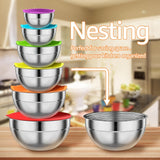 Mixing Bowls With Colorful Airtight Lids, 6 Piece Stainless Steel Metal Bowls With 3 Grater Attachments, Size 4.2, 3.5, 2.5, 2, 1, 0.67QT