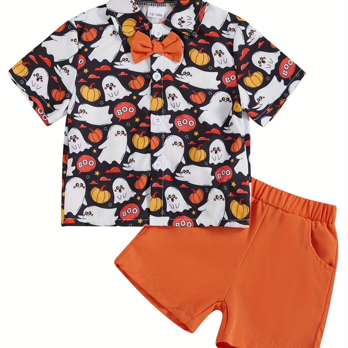 Toddler Boys Halloween Outfits Bowtie Ghost Pumpkin Print Turn-Down Collar Short Sleeve Shirts Tops Shorts 2Pcs Clothes Set