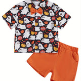 Toddler Boys Halloween Outfits Bowtie Ghost Pumpkin Print Turn-Down Collar Short Sleeve Shirts Tops Shorts 2Pcs Clothes Set