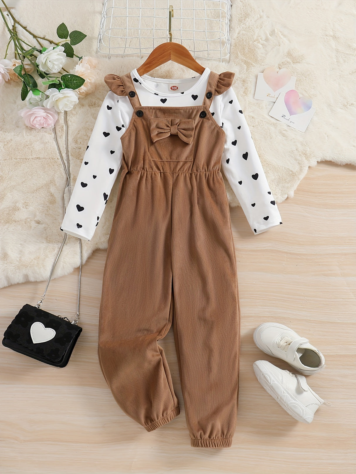 Girl's 2pcs, Bowknot Decor Corduroy Overalls & Heart Allover Print Top Set, Casual Outfits, Kids Clothes For Spring Fall