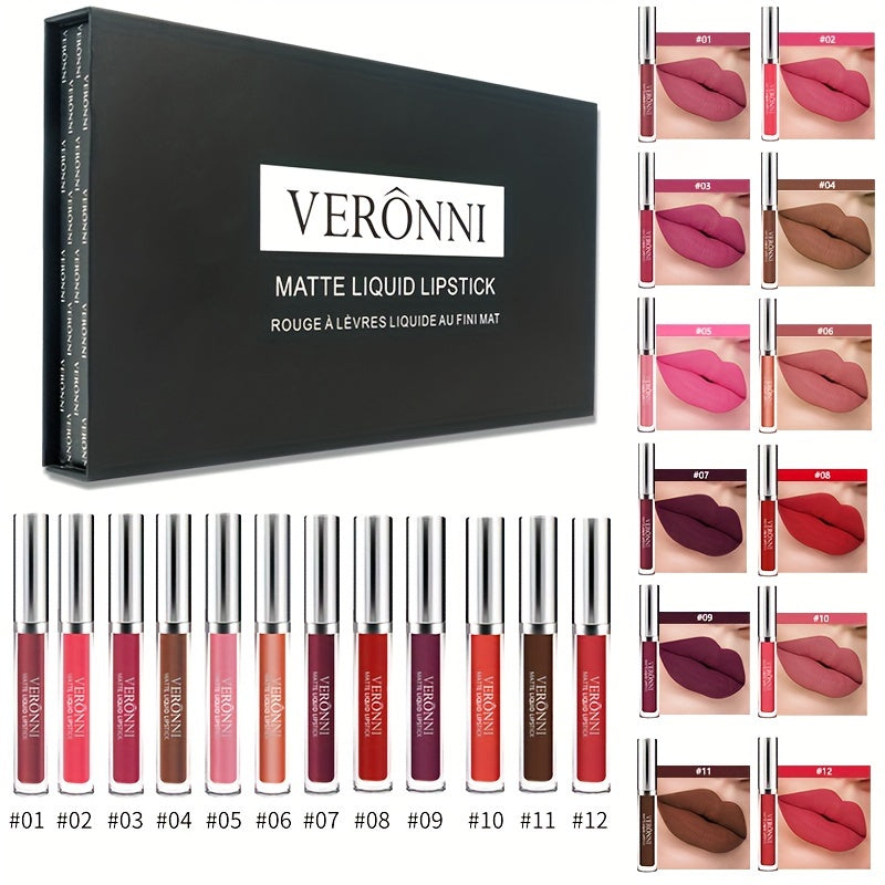 VERONNI 12pc Lip Glaze Collection - Smudge-proof Matte Lipstick Set with Non-transfer Formula - Diverse Multicolor Glosses for All-day Wear - Ultimate Makeup Kit & Festive Gift for Her