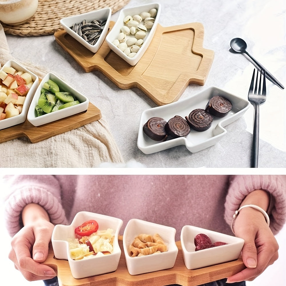 1set, Ceramic Breakfast Tray, Christmas Tree Shaped Plates Chip & Dip Set, Christmas Ceramic Snack Plate With Bamboo Tray, Removable Porcelain Tree Appetizer Dessert Fruit Salad Saucers Bowl, Cutlery Platter Serving Dish