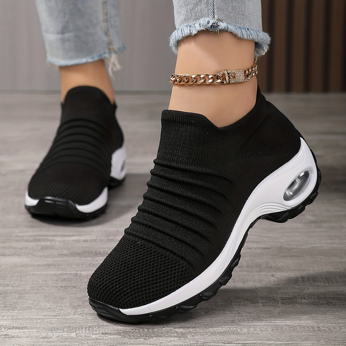 SOSENFER Women's 2089 Breathable Knit Running Shoes - Low-Top Slip-On Design, All-Season Comfort with PU Cushioned Sole for Gym, Jogging & Casual Wear (Black/White)